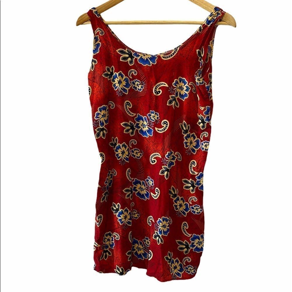 Red Hawaiian Floral Print Lightweight Scoop Neck Short Mini Tank Dress M